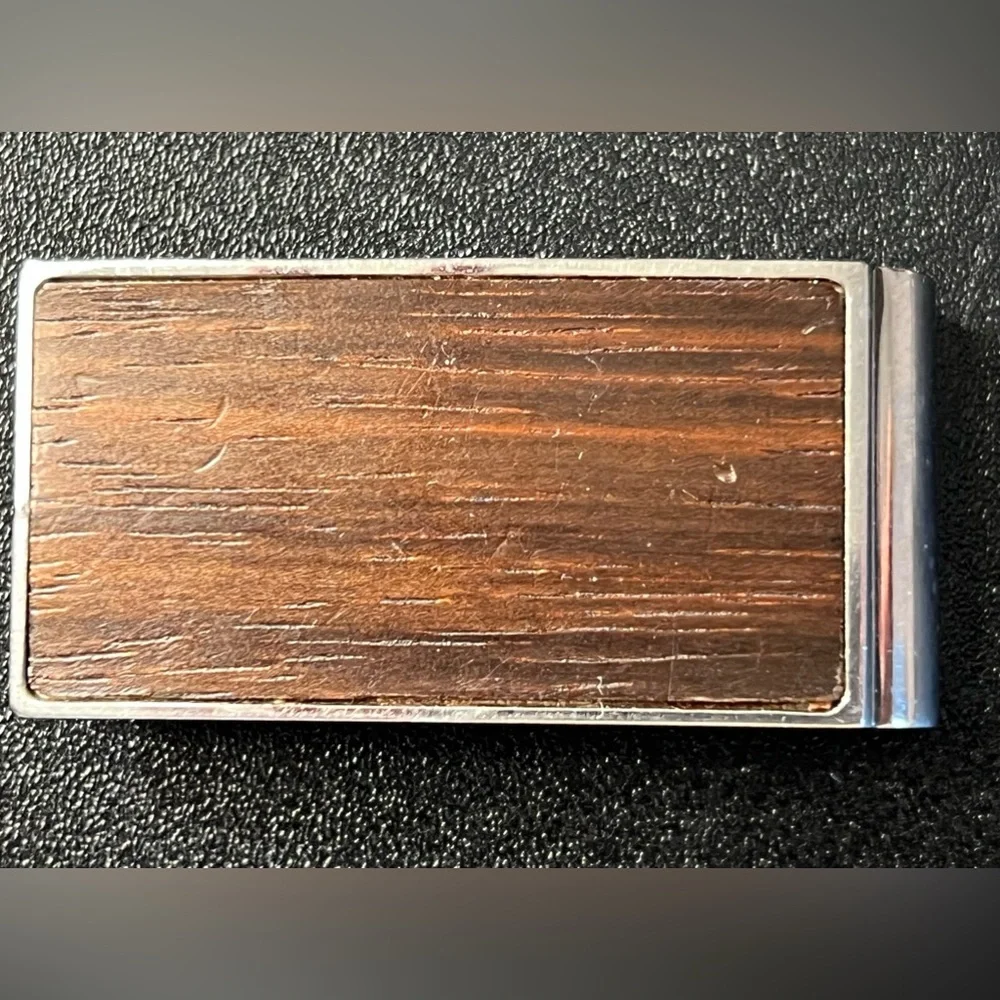 Fossil Vintage Rare Silver Tone Metal Wood Money Clip 1990's era
